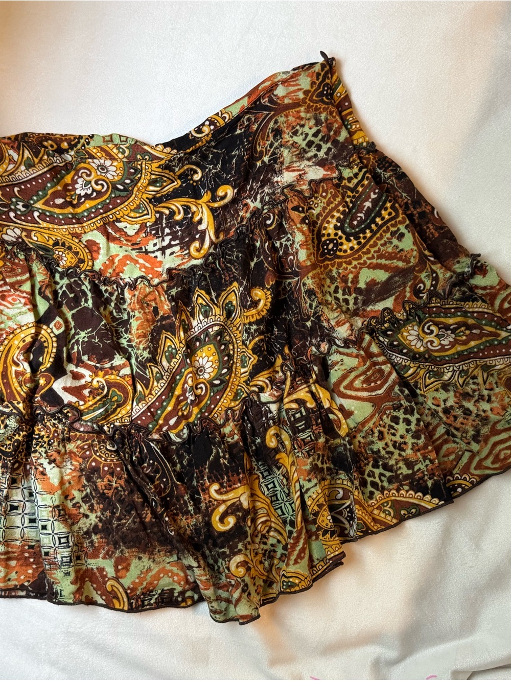 A. Byer Paisley Tiered Mini Skirt in Brown, Mustard & Green
